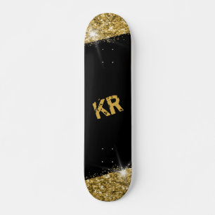 Black Gold Glitter Girly Monogram Skateboard