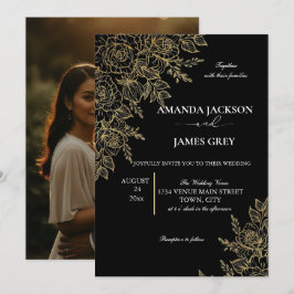 Black Gold Glitter Photo Back Glam Wedding Einladung