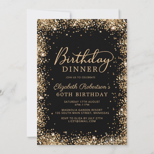 Black Gold Glitter Script 60th Birthday Dinner Einladung (Vorderseite)