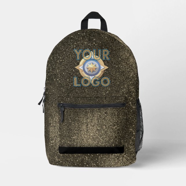 Black Gold Glitter Tech IT Security Business Logo Bedruckter Rucksack (Vorderseite)