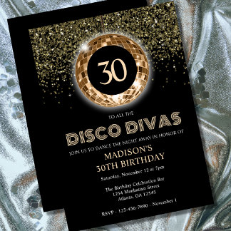 Black Gold Glitzer 30. Geburtstag Disco Party Einladung