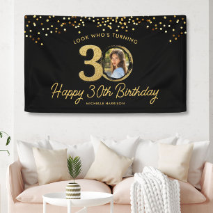 Black Gold Glitzer 30. Geburtstag Party Ihr Foto Banner