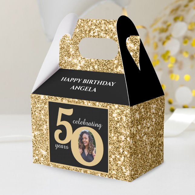 Black & Gold Glitzer 50 Fünfzig Jahre 50. Geburtst Geschenkschachtel (Black & Gold Glitter 50 Fifty Years 50th Birthday Favor Box)