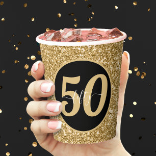 Black & Gold Glitzer 50 Fünfzig Jahre 50. Geburtst Pappbecher