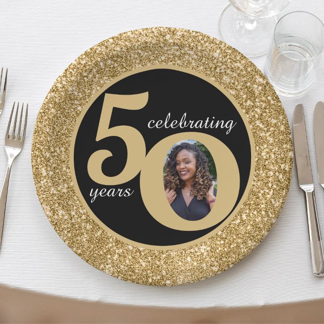 Black & Gold Glitzer 50 Fünfzig Jahre 50. Geburtst Pappteller (black and gold glitter 50th birthday paper plates)