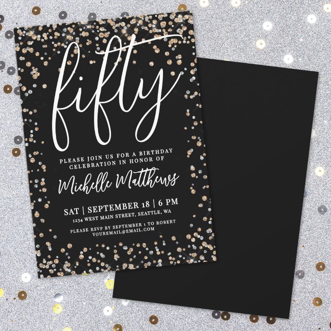 Black Gold Glitzer 50. Geburtstag Einladung (Black Gold Glitter 50th Birthday Invitation)