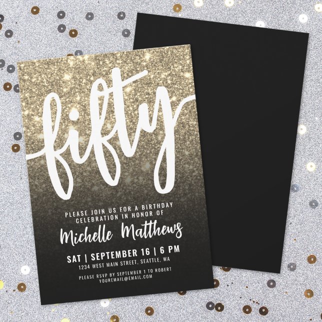 Black Gold Glitzer 50. Geburtstag Einladung (Black Gold Glitter 50th Birthday Invitation)