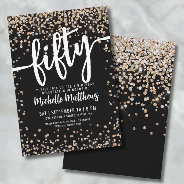 Black Gold Glitzer 50. Geburtstag Einladung (Black Gold Glitter 50th Birthday Invitation)