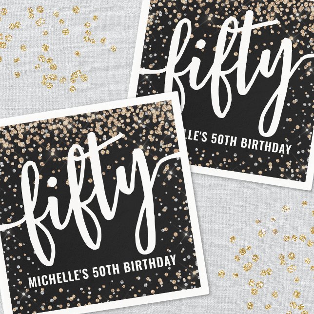 Black Gold Glitzer 50. Geburtstag Serviette (Black Gold Glitter 50th Birthday Napkins)