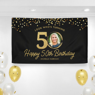 Black Gold Glitzer 50. Geburtstagsparty Ihr Foto Banner