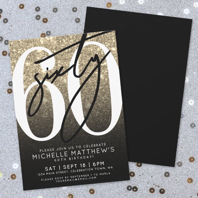 Black Gold Glitzer 60. Geburtstag Einladung (Black Gold Glitter 60th Birthday Invitation)