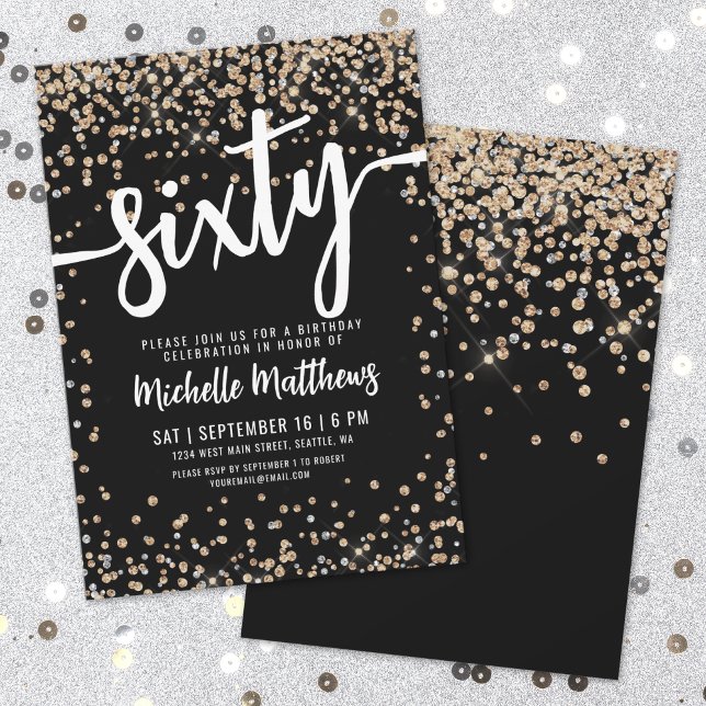 Black Gold Glitzer 60. Geburtstag Einladung (Black Gold Glitter 60th Birthday Invitation)