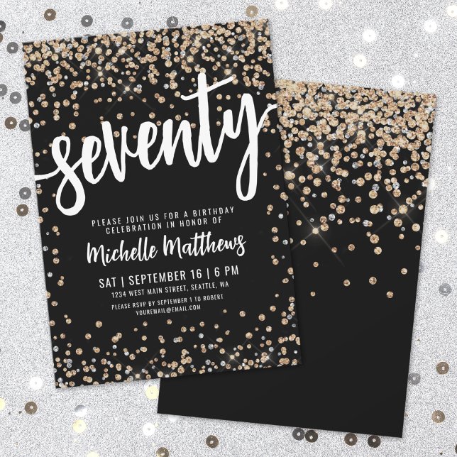 Black Gold Glitzer 70. Geburtstag Einladung (Black Gold Glitter 70th Birthday Invitation)