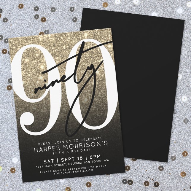 Black Gold Glitzer 90. Geburtstag Einladung (Black Gold Glitter 90th Birthday Invitation)