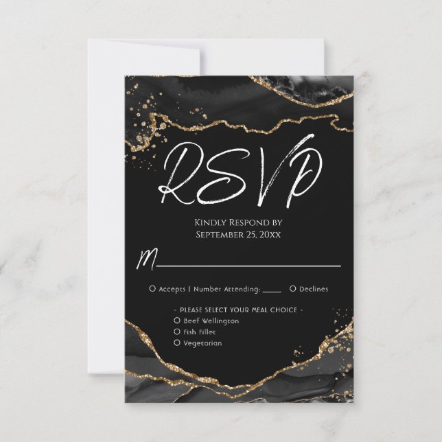 Black Gold Glitzer Agate Stone Wedding RSVP Card Karte (Vorderseite)
