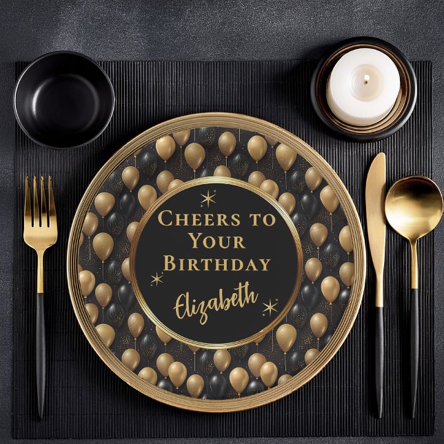 Black Gold Glitzer Balloons Geburtstagskurse Pappteller (Elegant Black and Gold Faux Glitter Balloons A024" Cheers to Your Birthday" [Name] Paper Plates)