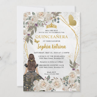 Black Gold Glitzer Bloral Princess Quinceañera Einladung