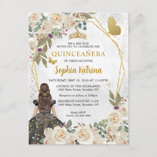 Black Gold Glitzer Bloral Princess Quinceañera Einladungspostkarte