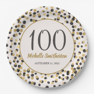 Black Gold Glitzer Confetti 100. Geburtstag Pappteller