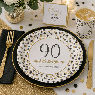 Black Gold Glitzer Confetti 90. Geburtstag Pappteller