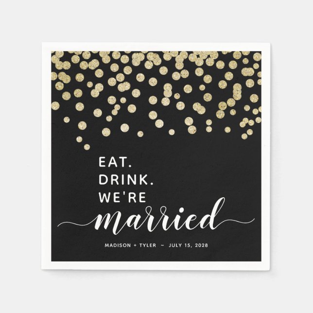 Black & Gold Glitzer Confetti Eat Drink Wedding Serviette (Vorderseite)