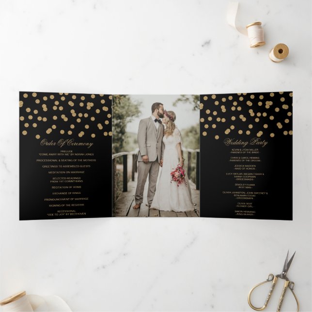 Black Gold Glitzer Confetti Foto Wedding Dreifach-gefaltete Programmkarte (Innenseite)