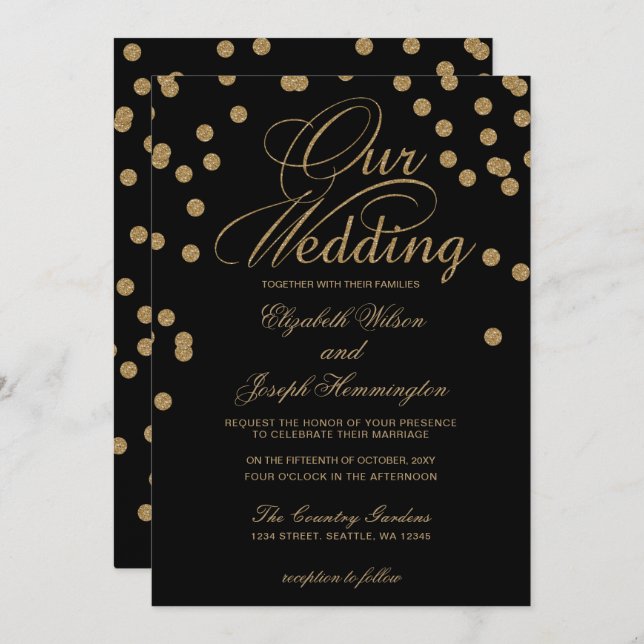 Black Gold Glitzer Confetti Hochzeit Einladung (Vorne/Hinten)