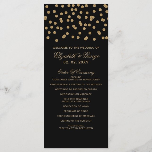 Black Gold Glitzer Confetti Hochzeit Programm (Vorderseite)