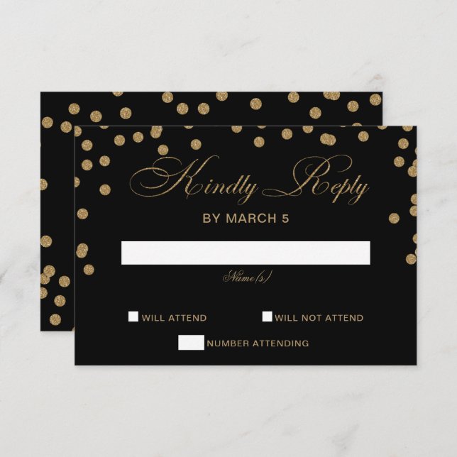 Black Gold Glitzer Confetti Hochzeit RSVP Karte (Vorne/Hinten)