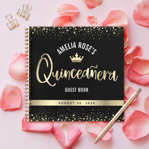 Black Gold Glitzer Crown Quinceñera Gästebuch Notizbuch
