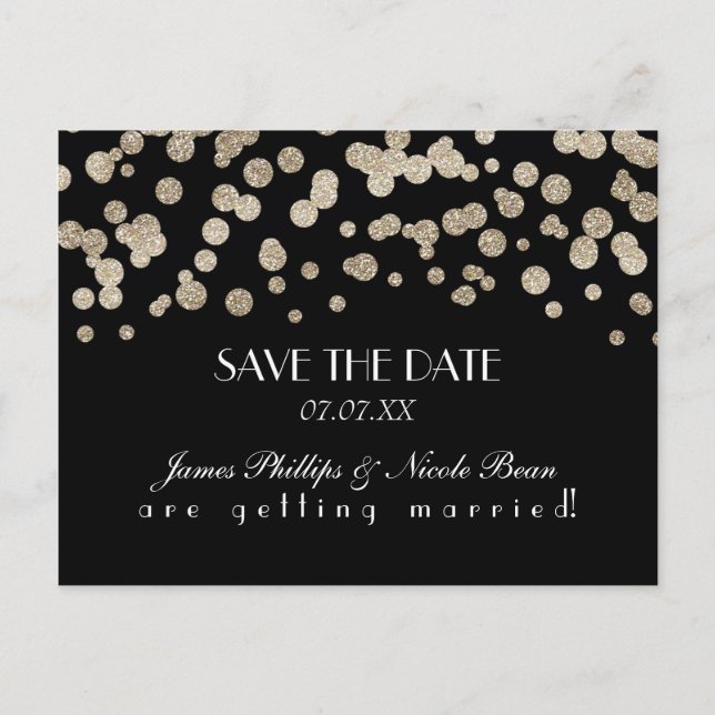 Black & Gold Glitzer Dots Save the Date Postkarte (Vorderseite)