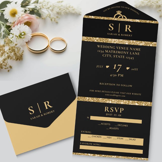 Black & Gold Glitzer Elegante Hochzeit All In One Einladung (Black & Gold Glitter Elegant Wedding All In One Invitation)