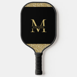 Black Gold Glitzer Elegantes Monogramm Personalisi Pickleball Schläger
