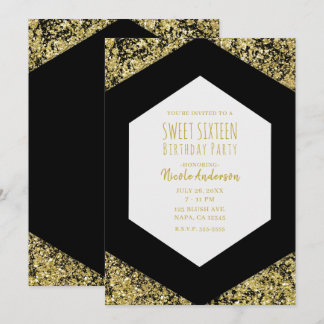 Black & Gold Glitzer Flakes Glam Sweet 16 Party Einladung