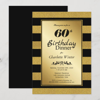 Black & Gold Glitzer gestreift 60. Geburtstag Aben Einladung