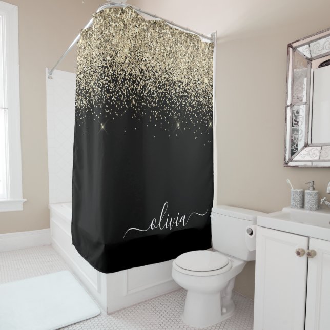 Black Gold Glitzer Girly Monogram Name Badezimmer Duschvorhang (Beispiel)