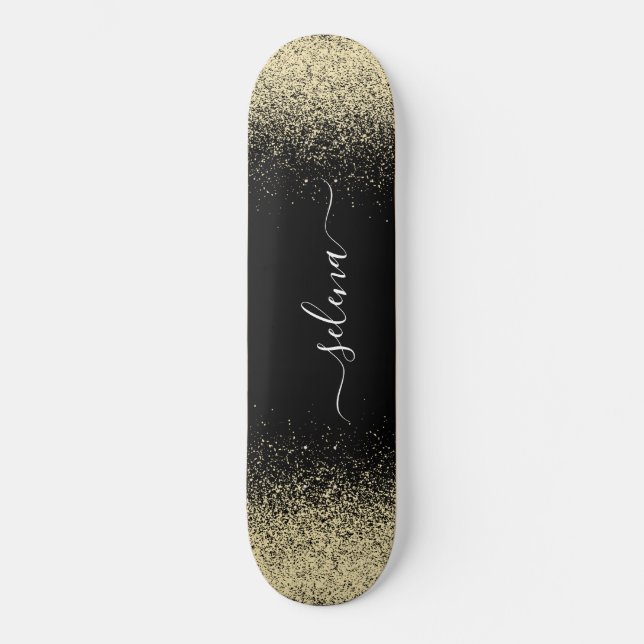 Black Gold Glitzer Girly Monogram Skateboard (Vorderseite)