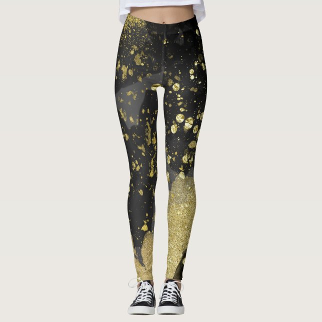Black & Gold Glitzer Glam Grunge Spritzer Fashion Leggings (Vorderseite)