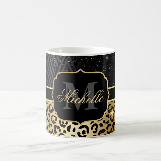Black & Gold Glitzer Glam Leopard Spots & Art Deco Kaffeetasse (Mittel)