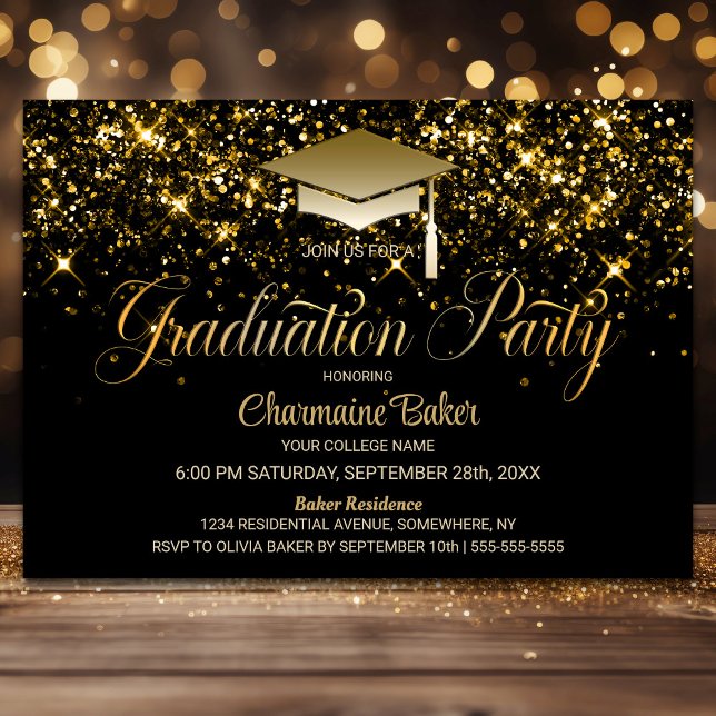 Black Gold Glitzer Graduation Party Einladung (Von Creator hochgeladen)