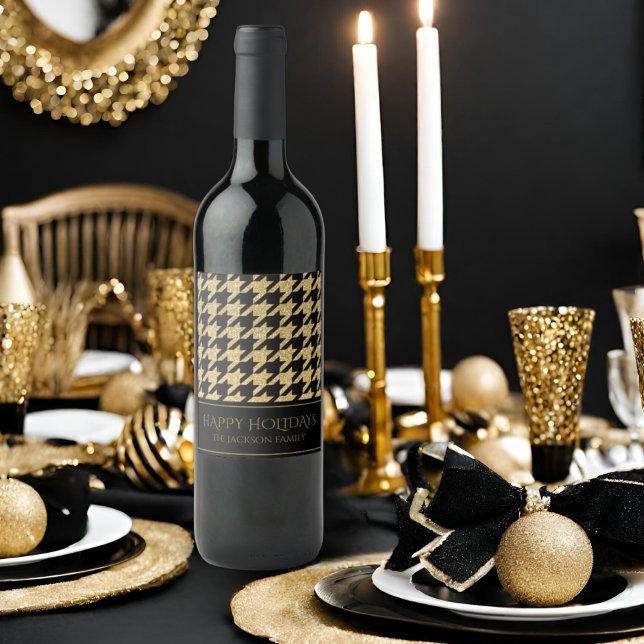 Black & Gold Glitzer Hahnentrittmuster Happy Holid Weinetikett (Von Creator hochgeladen)