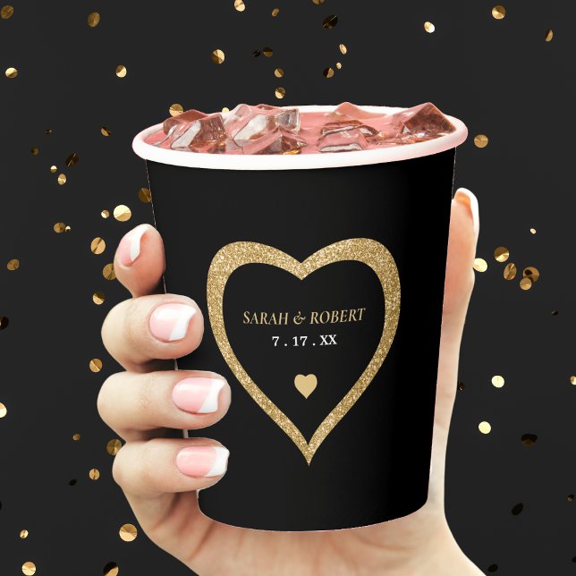 Black & Gold Glitzer Heart Wedding Pappbecher (Black & Gold Glitter Heart Wedding Paper Cups)