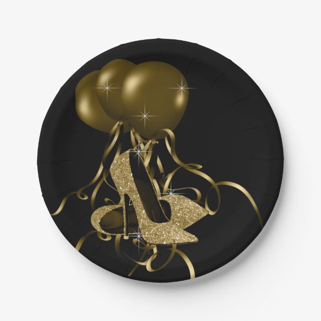 Black Gold Glitzer High Heel Schuhe Frauen Geburts Pappteller (Vorderseite)