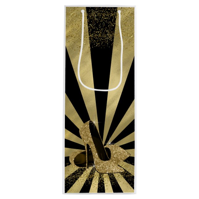 Black Gold Glitzer High Heel Schuhe Geschenktüte Für Weinflaschen (Vorderseite)