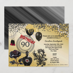 Black Gold Glitzer & High Heels 90. Geburtstag Einladung