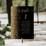 Black Gold Glitzer Hochzeit Tischnummer<br><div class="desc">Der links Rand dieser eleganten modernen Hochzeitskarte weist einen Glitzer-Rahmen mit goldenen Imitaten auf. Das Wort "Tabelle" erscheint in goldfarbenem whimsical Handschrift-Skript auf einem schwarzen Hintergrund. Fügen Sie die Namen Ihrer Gäste hinzu,  die jeder Tabelle zugeordnet sind.</div>