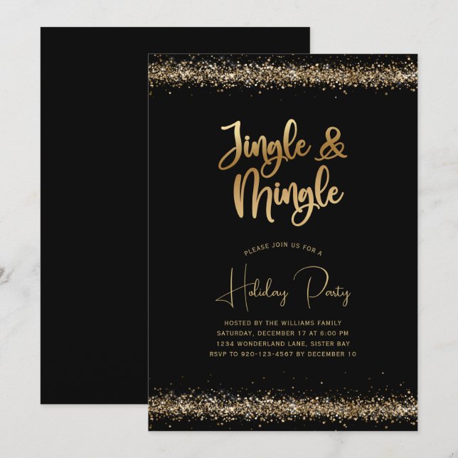 Black Gold Glitzer Jingle und Mingle Holiday Party Einladung (Vorne/Hinten)