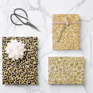 Black Gold Glitzer Leopard Print         Geschenkpapier Set