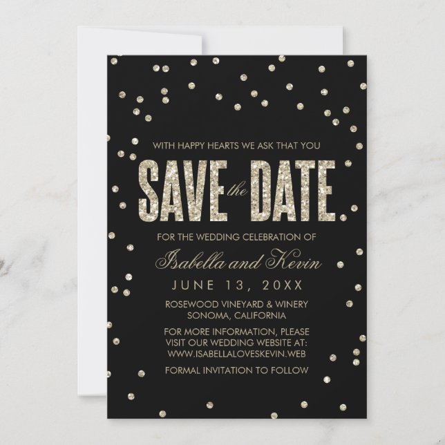Black & Gold Glitzer Look Confetti Save the Date (Vorderseite)