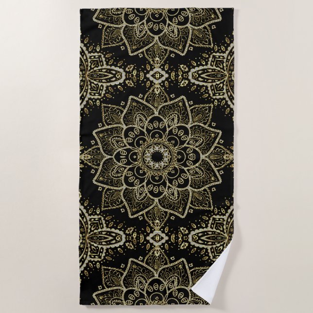 Black & Gold Glitzer Mandala Design Strandtuch (Vorderseite)